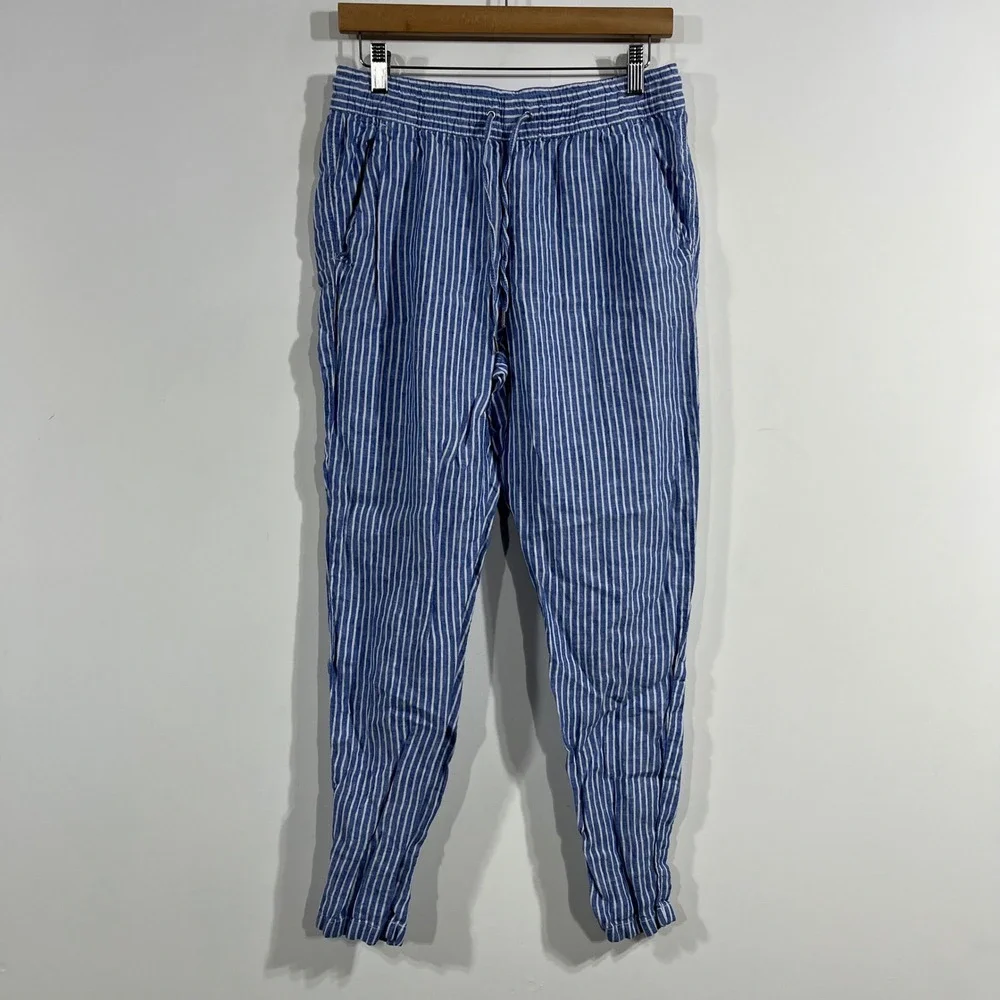 HM Fisherman Euro Summer Striped 100% Linen Drawstring Pants Women 6 Preppy Boho
